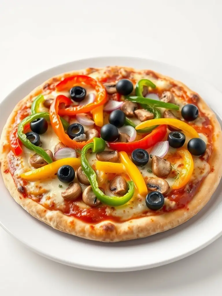 An appetizing image of a veggie pizza with colorful bell peppers, mushrooms, onions, olives, and melted cheese, showcasing the freshness and variety of toppings.