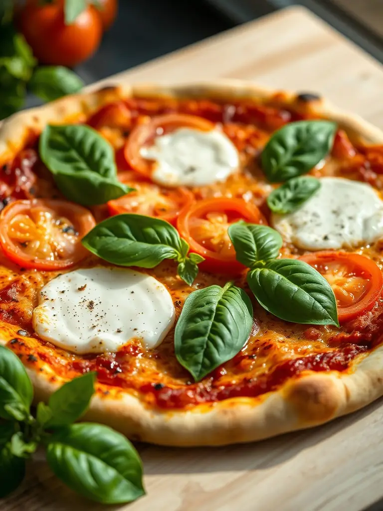 A vibrant, overhead shot of a classic Margherita pizza with fresh basil leaves, ripe tomatoes, and melted mozzarella on a crispy crust, presented in a warm, inviting setting.
