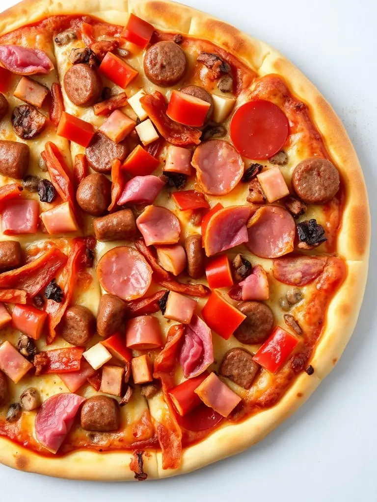 A tempting image of a meat lover's pizza with a generous topping of sausage, bacon, ham, and pepperoni, highlighting the rich and savory flavors.