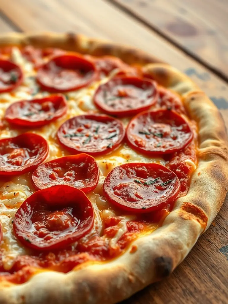 A close-up image of a pepperoni pizza with generous slices of pepperoni, melted cheese, and a slightly charred crust, highlighting the savory and spicy flavors.