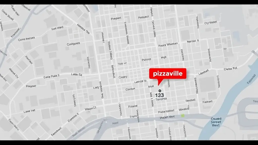 A map showing the location of Pizzaville at 123 Queen Street West, Toronto, ON M5H 2M9. The map highlights the surrounding area with nearby landmarks and streets.