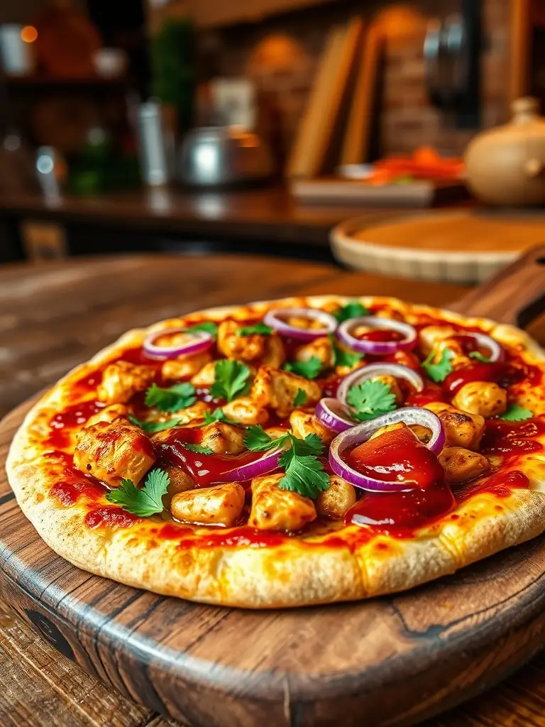 A visually appealing image of a unique BBQ Chicken pizza with grilled chicken, tangy barbecue sauce, red onions, and cilantro, highlighting its bold flavors.