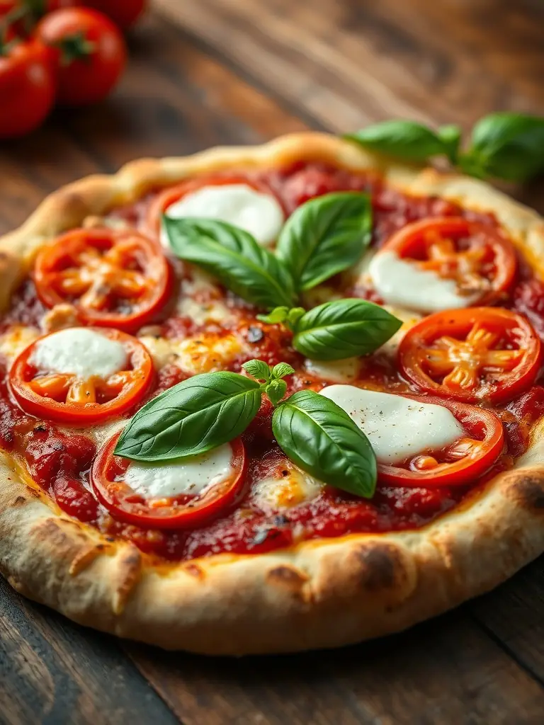 A vibrant, close-up shot of a classic Margherita pizza with fresh basil, ripe tomatoes, and melted mozzarella cheese, showcasing its simplicity and deliciousness.