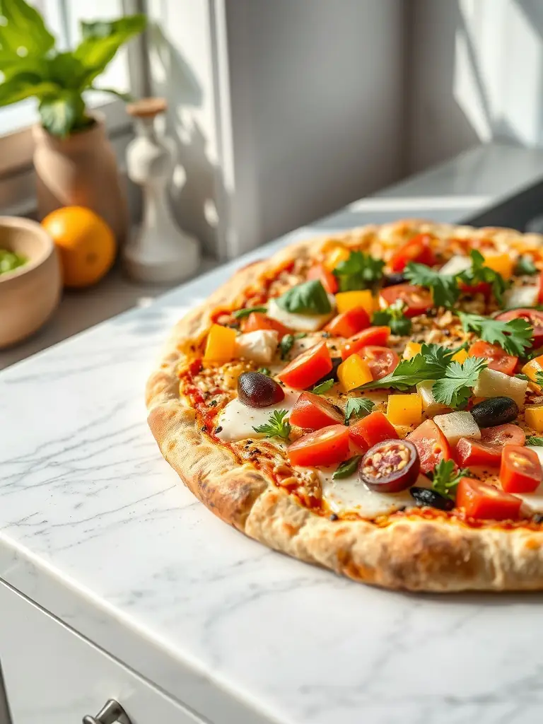 A tempting vegan pizza topped with plant-based cheese, colorful vegetables, and a drizzle of olive oil, showcasing its cruelty-free and flavorful ingredients.