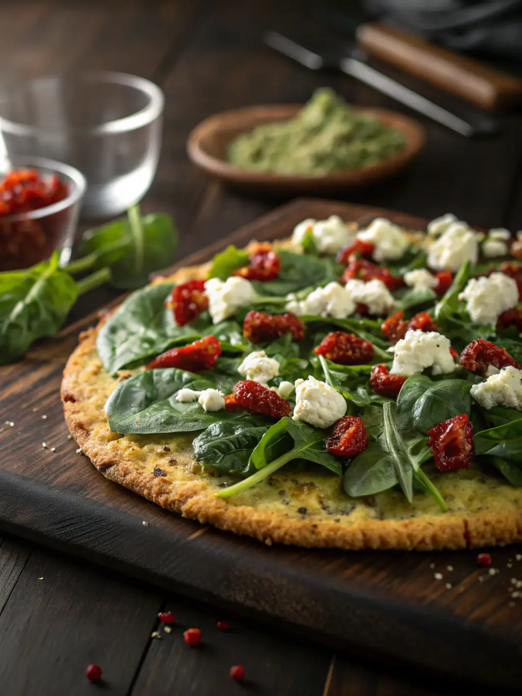 A delicious gluten-free pizza with a variety of colorful vegetables, such as bell peppers, mushrooms, and spinach, on a crispy gluten-free crust.